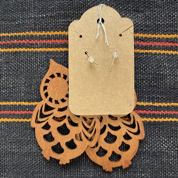 NWT Wooden Owl Dangle Hook Drop Earrings. Goldtone. Boho. Festival. Hippie. - Picture 3 of 5
